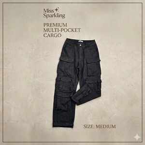 MISS SPARKLING Women’s Multi-Pocket Cargo Jeans Charcoal Wash/Black Denim Size M